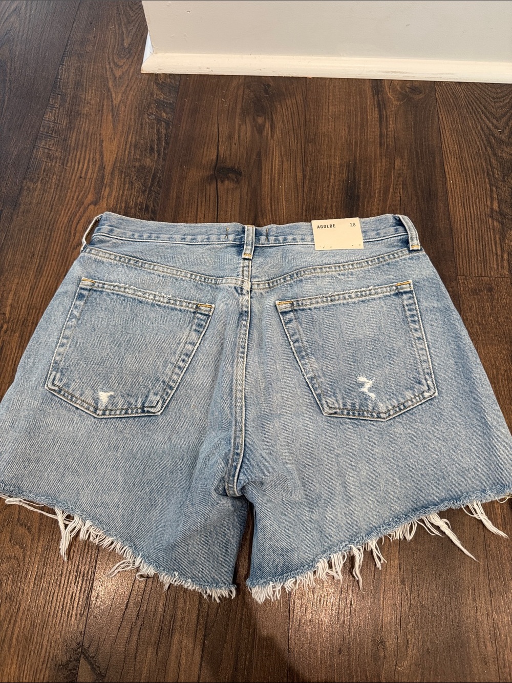 Agolde Parker Long Light Blue Distressed Denim Cutoff Shorts - Picture 2 of 4